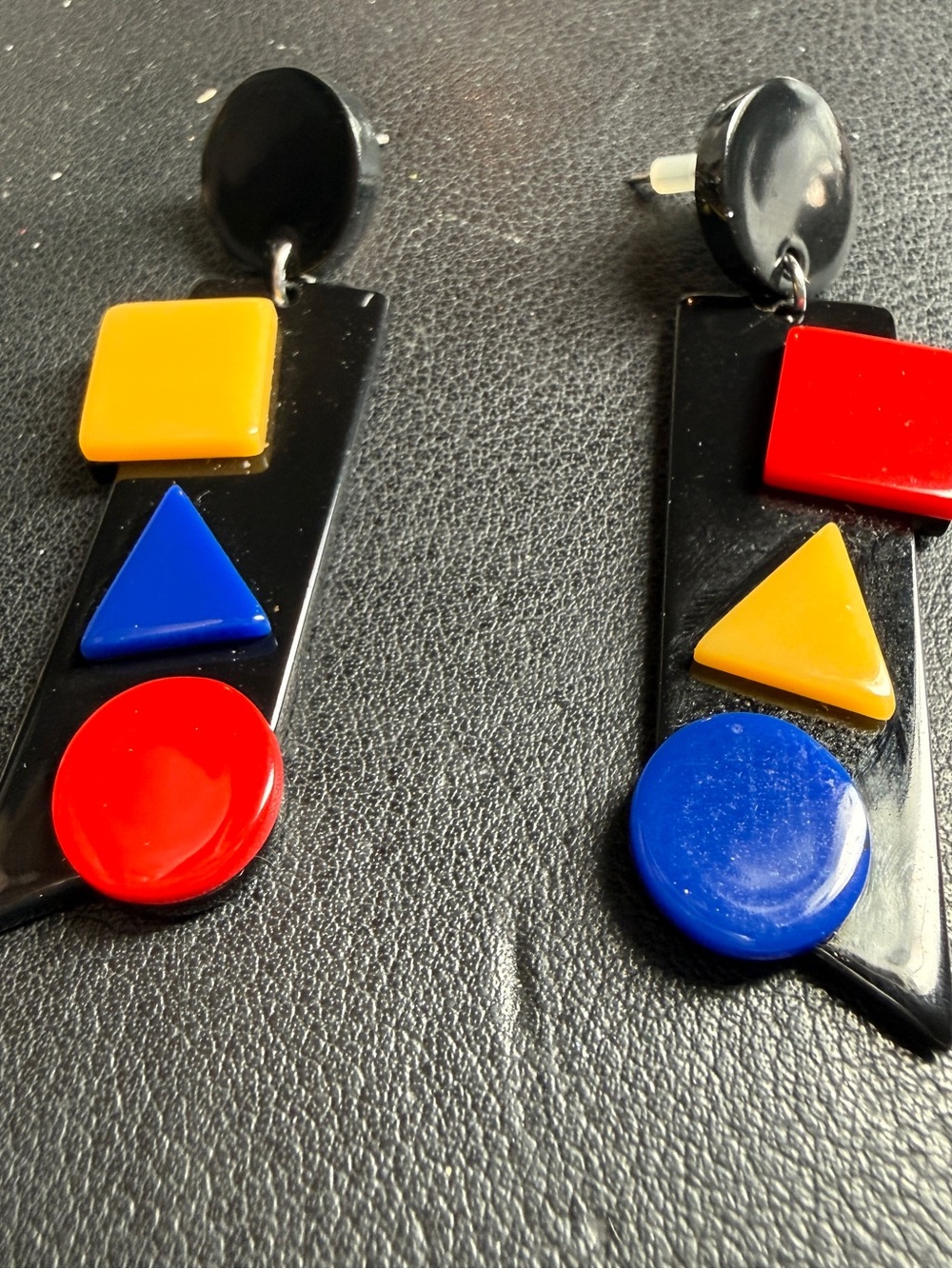 SOLD Vintage 80s 90s Acylic Geometric Color Block Dangle Earrings 2 3/8" Pierced - Picture 2 of 7